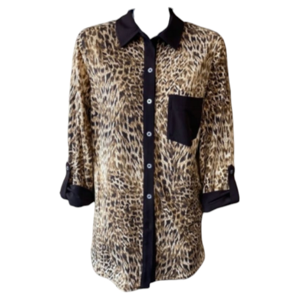 Nygard Coffee Brown Animal Print 3/4 Sleeve Button Down Blouse Plus Sz 2X